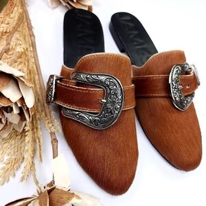 James Brown Calf Fur Slides Flats Sz 38